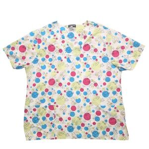 Scrub Studio Scrub Top Women Large Multicolor Frog Dragonfly Print V-Neck Pocket